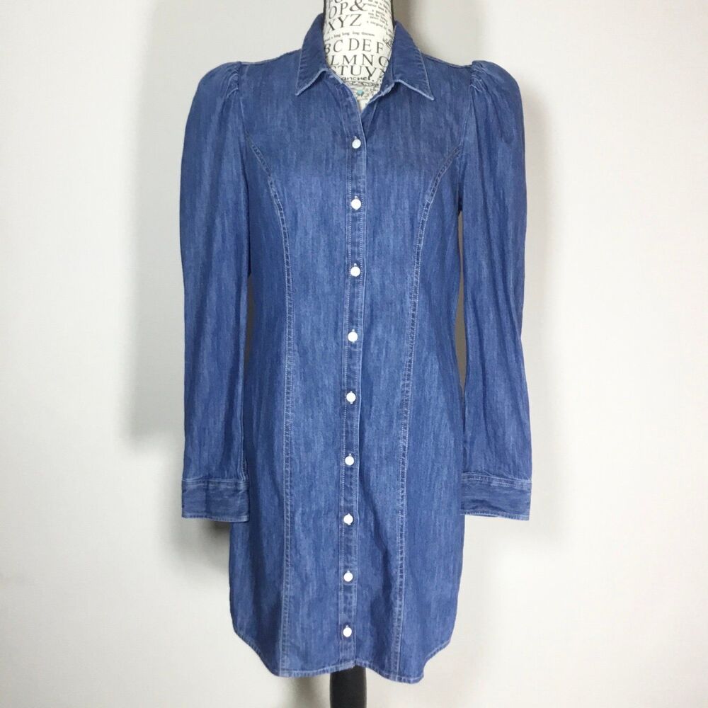 Blue denim cotton dress long sleeve button down puff sleeve western country S - Picture 2 of 6